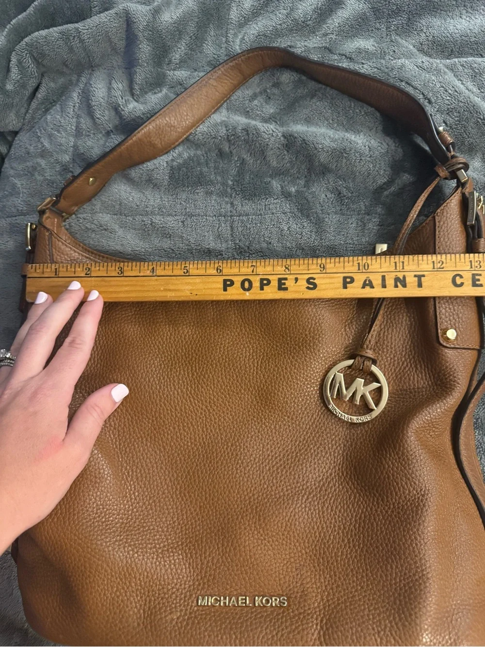 Michael Kors Cognac Pebbled Leather Shoulder Bag with MK Charm